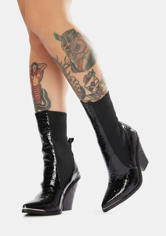Azalea Wang Katrina Black Ankle Bootie Cut Chunky Heel Pointed Toe Western Boots