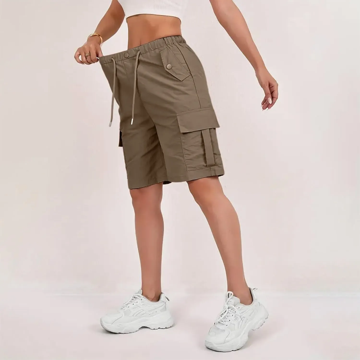 Bermuda Shorts for Women Summer Quick Dry Cargo Shorts with Pockets Outdoor Drawstring Knee Length Hiking Short