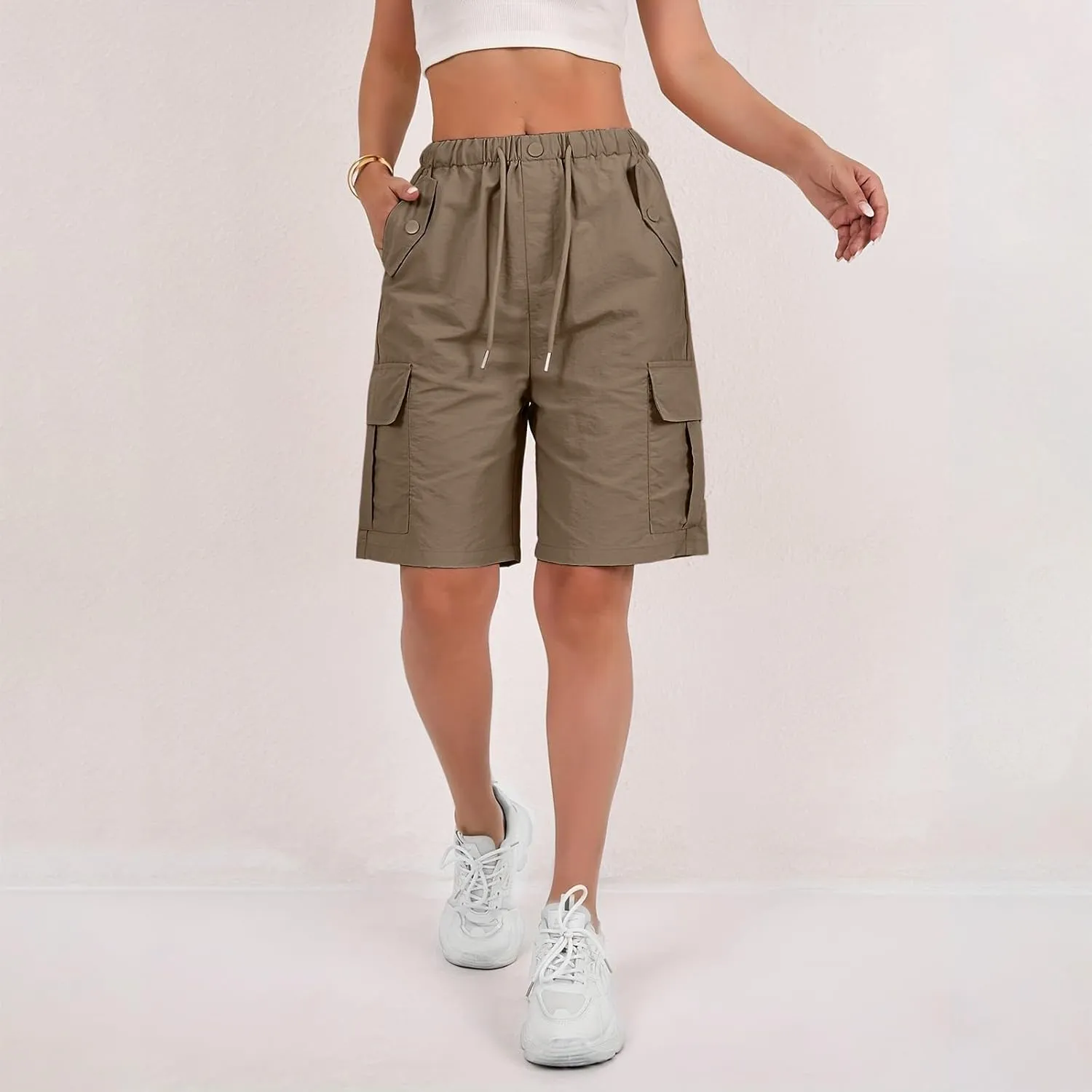 Bermuda Shorts for Women Summer Quick Dry Cargo Shorts with Pockets Outdoor Drawstring Knee Length Hiking Short