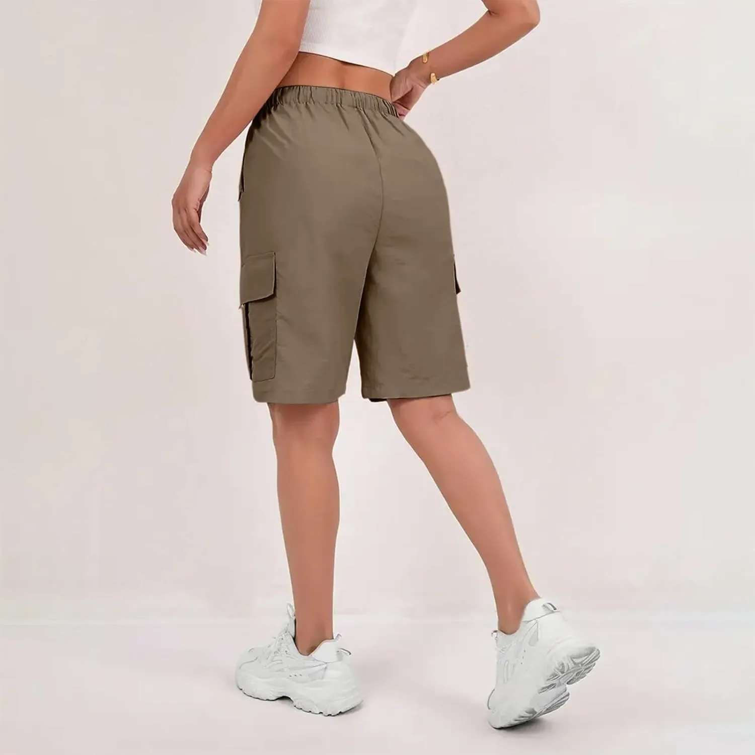 Bermuda Shorts for Women Summer Quick Dry Cargo Shorts with Pockets Outdoor Drawstring Knee Length Hiking Short