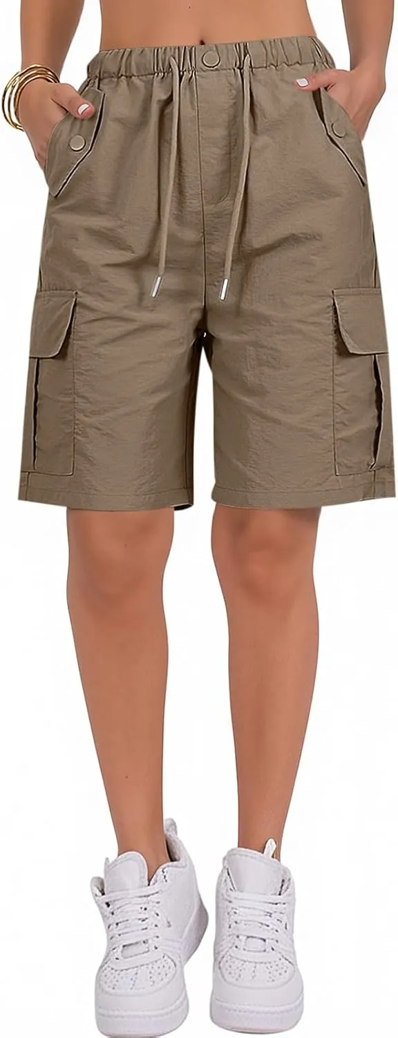 Bermuda Shorts for Women Summer Quick Dry Cargo Shorts with Pockets Outdoor Drawstring Knee Length Hiking Short