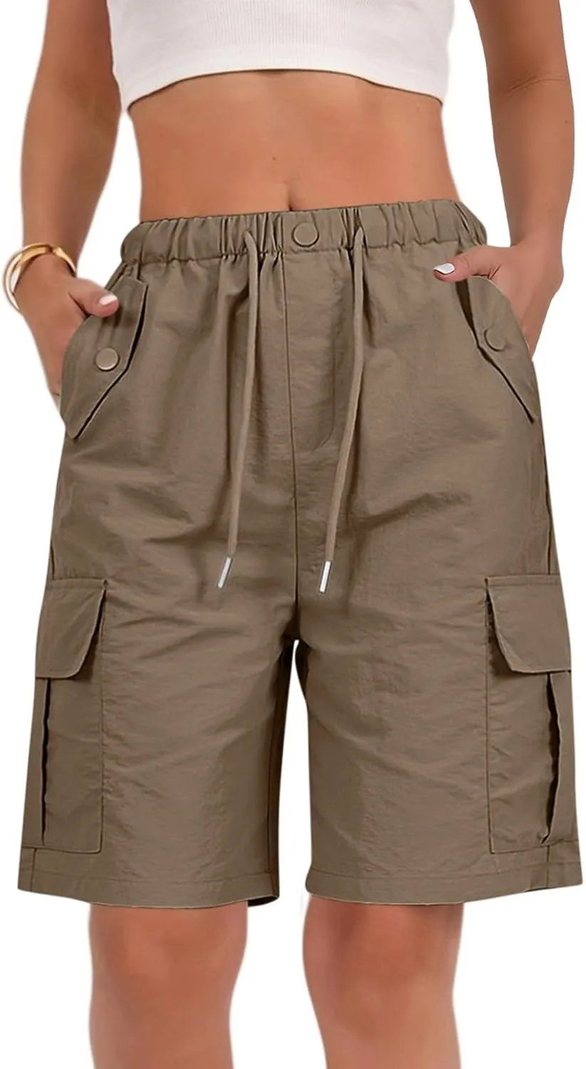 Bermuda Shorts for Women Summer Quick Dry Cargo Shorts with Pockets Outdoor Drawstring Knee Length Hiking Short