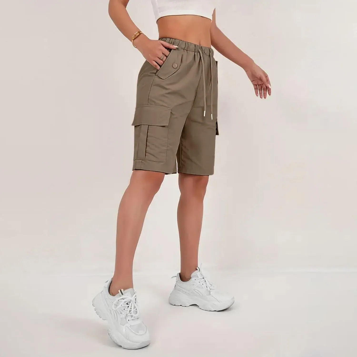 Bermuda Shorts for Women Summer Quick Dry Cargo Shorts with Pockets Outdoor Drawstring Knee Length Hiking Short