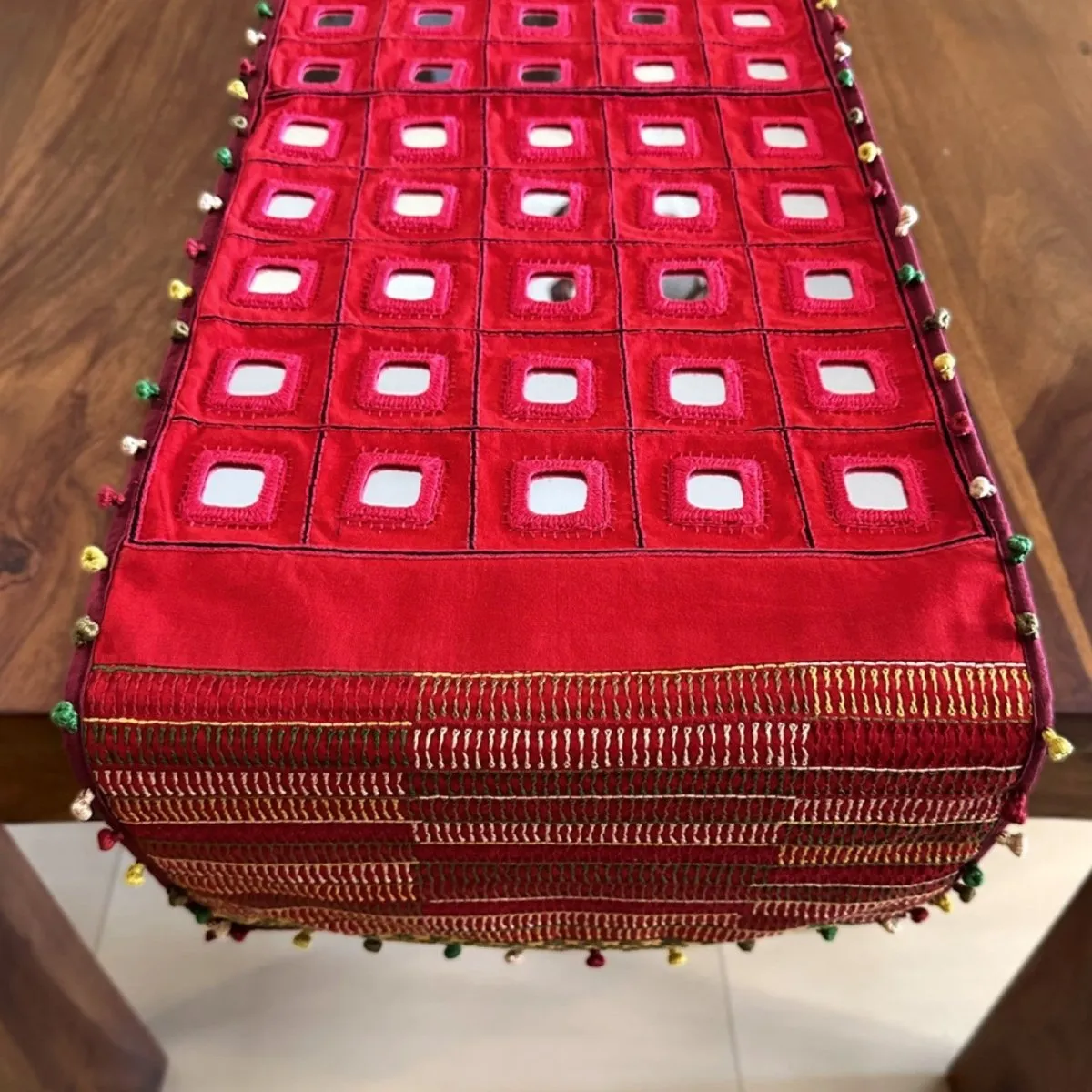 Handcrafted Lambani Scarlet Table Runner with Mirror and Thread Hand Embroidery - Decorative Home Accent