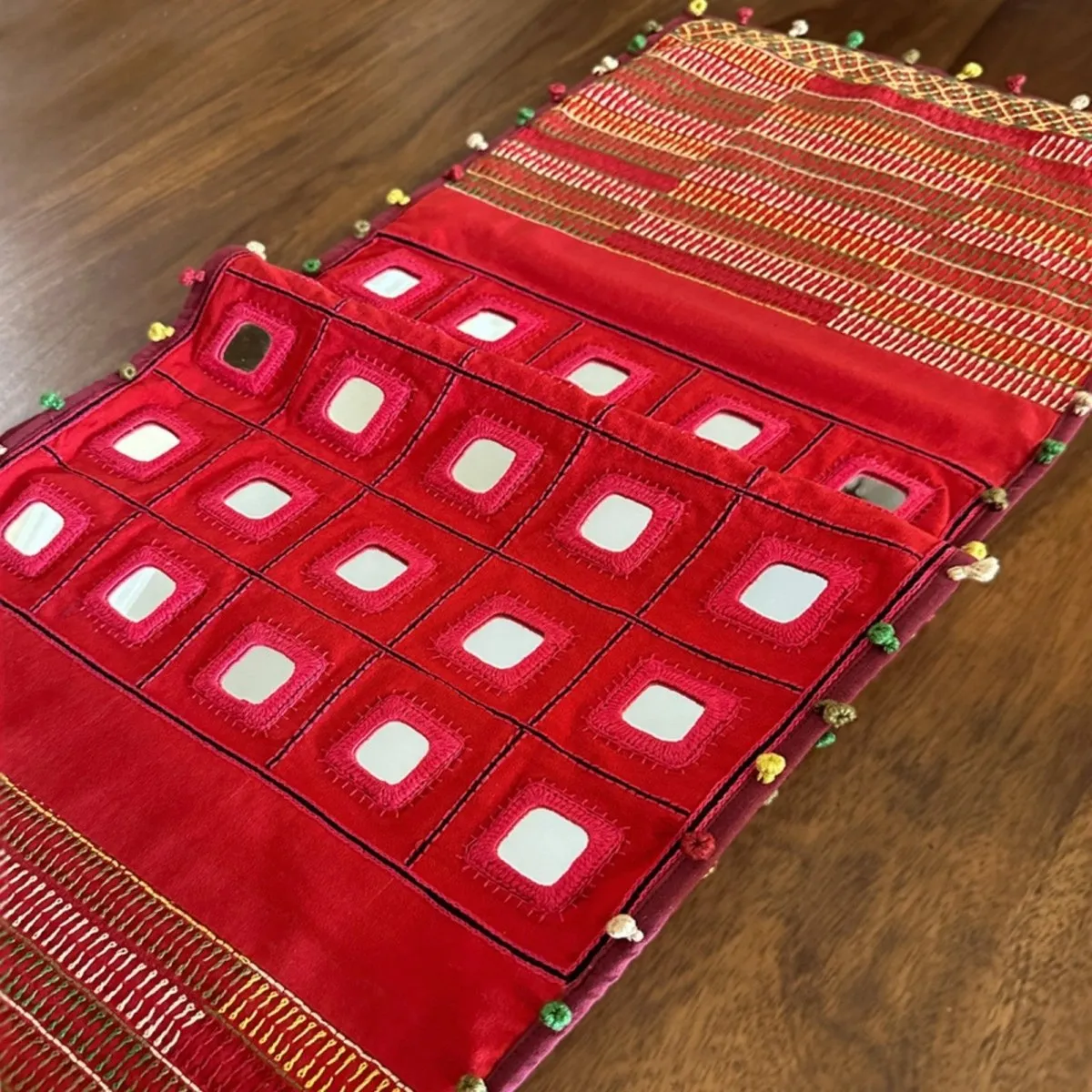 Handcrafted Lambani Scarlet Table Runner with Mirror and Thread Hand Embroidery - Decorative Home Accent