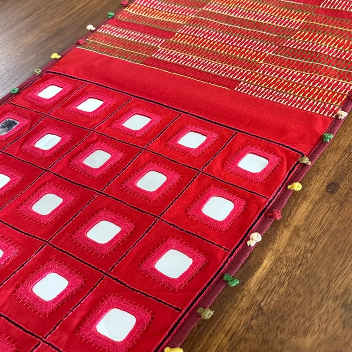 Handcrafted Lambani Scarlet Table Runner with Mirror and Thread Hand Embroidery - Decorative Home Accent