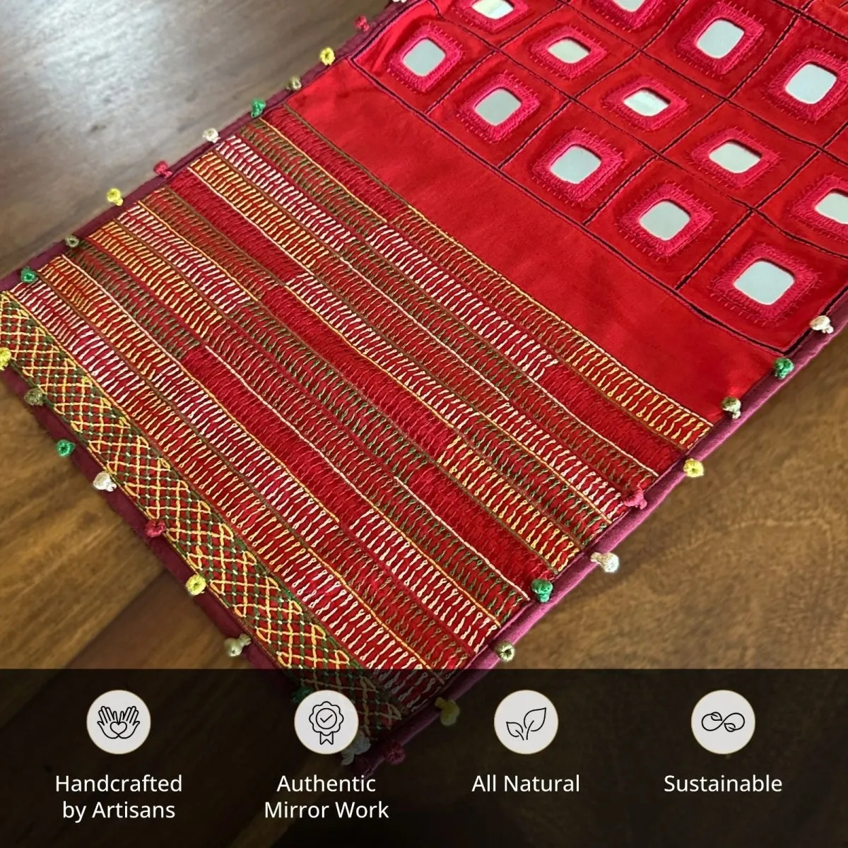 Handcrafted Lambani Scarlet Table Runner with Mirror and Thread Hand Embroidery - Decorative Home Accent