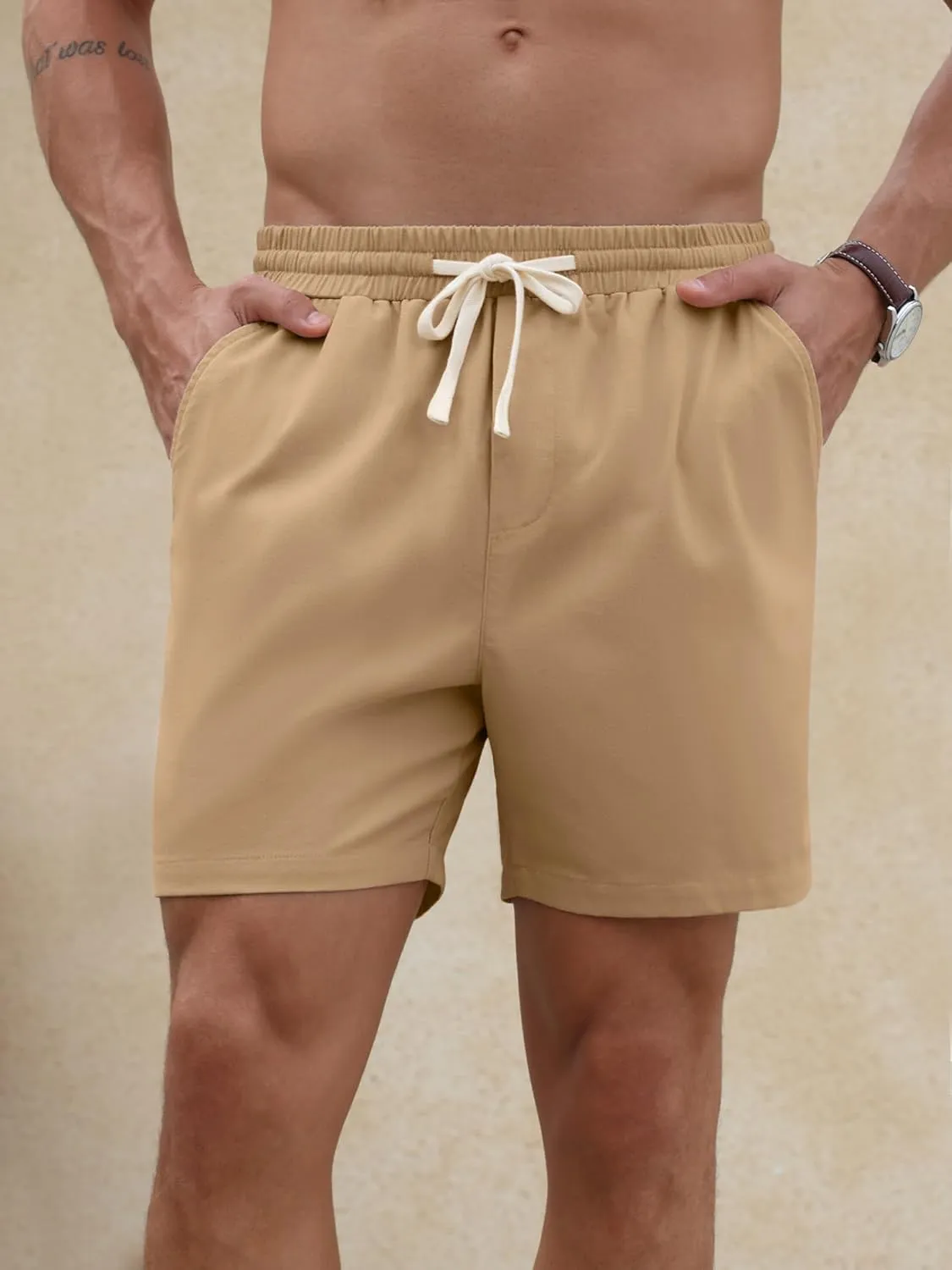 PLEPAN Mens 5 Inch Linen Shorts - Casual Elastic Waist Drawstring Summer Beach Shorts with Pocket