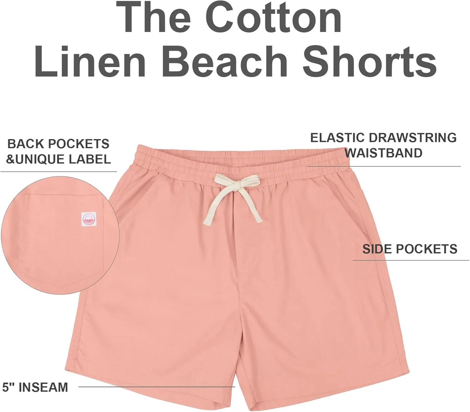PLEPAN Mens 5 Inch Linen Shorts - Casual Elastic Waist Drawstring Summer Beach Shorts with Pocket