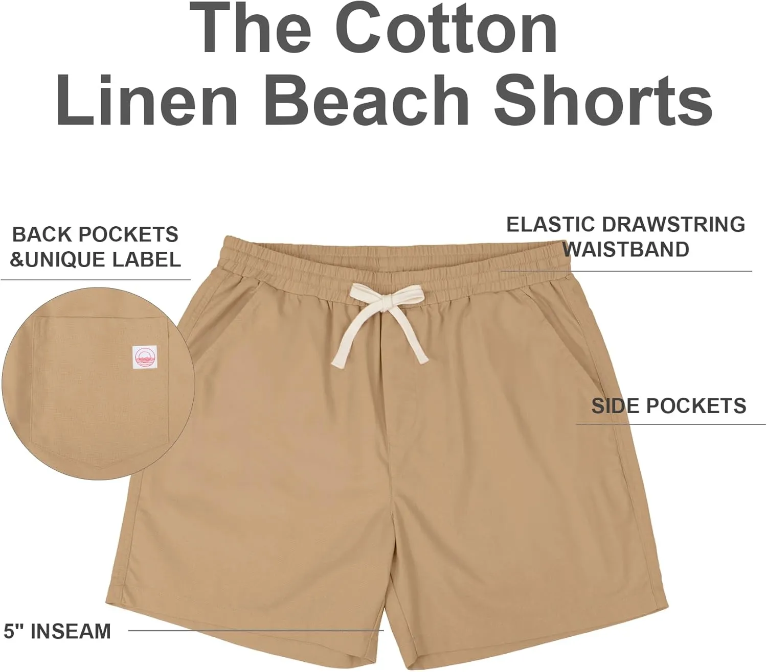 PLEPAN Mens 5 Inch Linen Shorts - Casual Elastic Waist Drawstring Summer Beach Shorts with Pocket