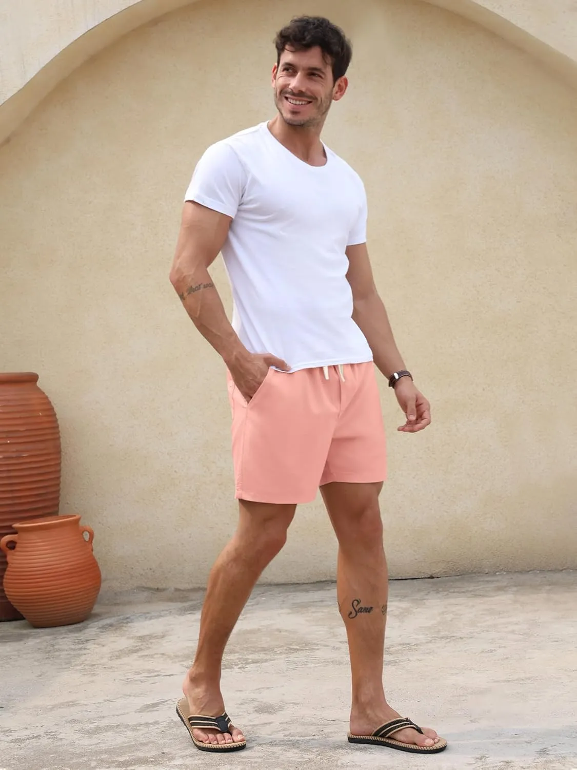 PLEPAN Mens 5 Inch Linen Shorts - Casual Elastic Waist Drawstring Summer Beach Shorts with Pocket